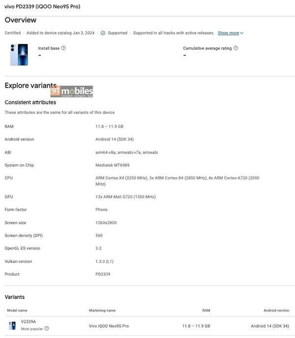 iQOO Neo 9S Pro appears on Google Play Console