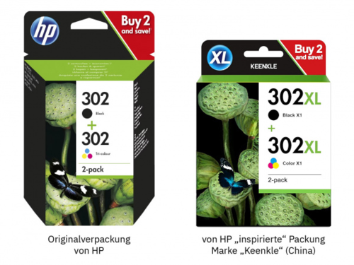 HP genuine ink cartridges (left) and counterfeit ink cartridges (right)