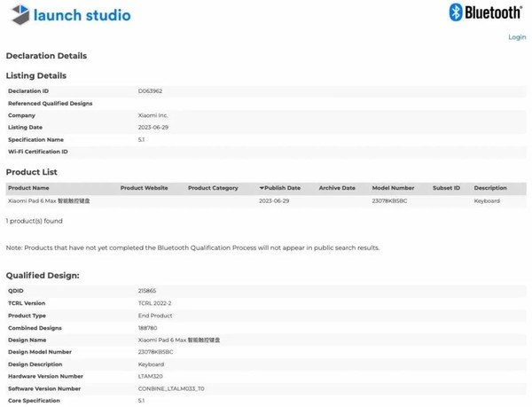 Xiaomi Tablet 6 Max appears on Bluetooth SIG certification website