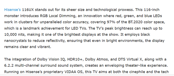 Foreign media selects the best TV products of CES 2025: Hisense 116UX is on the list