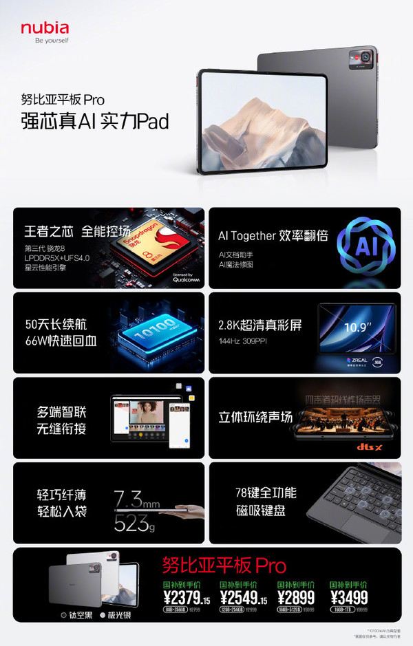 Nubia Tablet Pro releases Snapdragon 8G3 + 2.8K screen starting at 2379 yuan