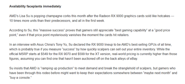 The RX9000 series is AMD’s best-selling GPU ever, but supply problems remain The RX9000 series is AMD’s best-selling GPU ever, but supply problems remain