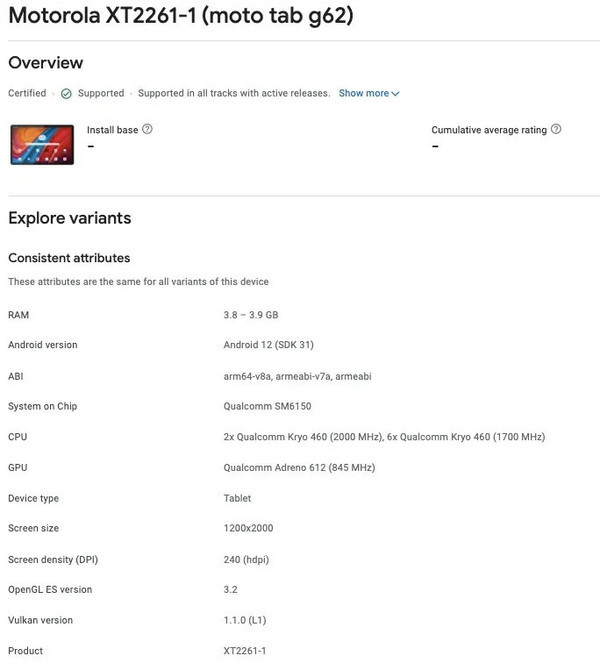 Motorola Tab G62 WiFi Edition Specifications Motorola Tab G62 WiFi Edition Specifications